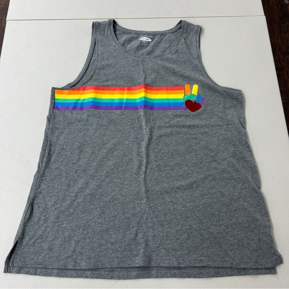 Old Navy Gray Tank Top with Rainbow Peace Design